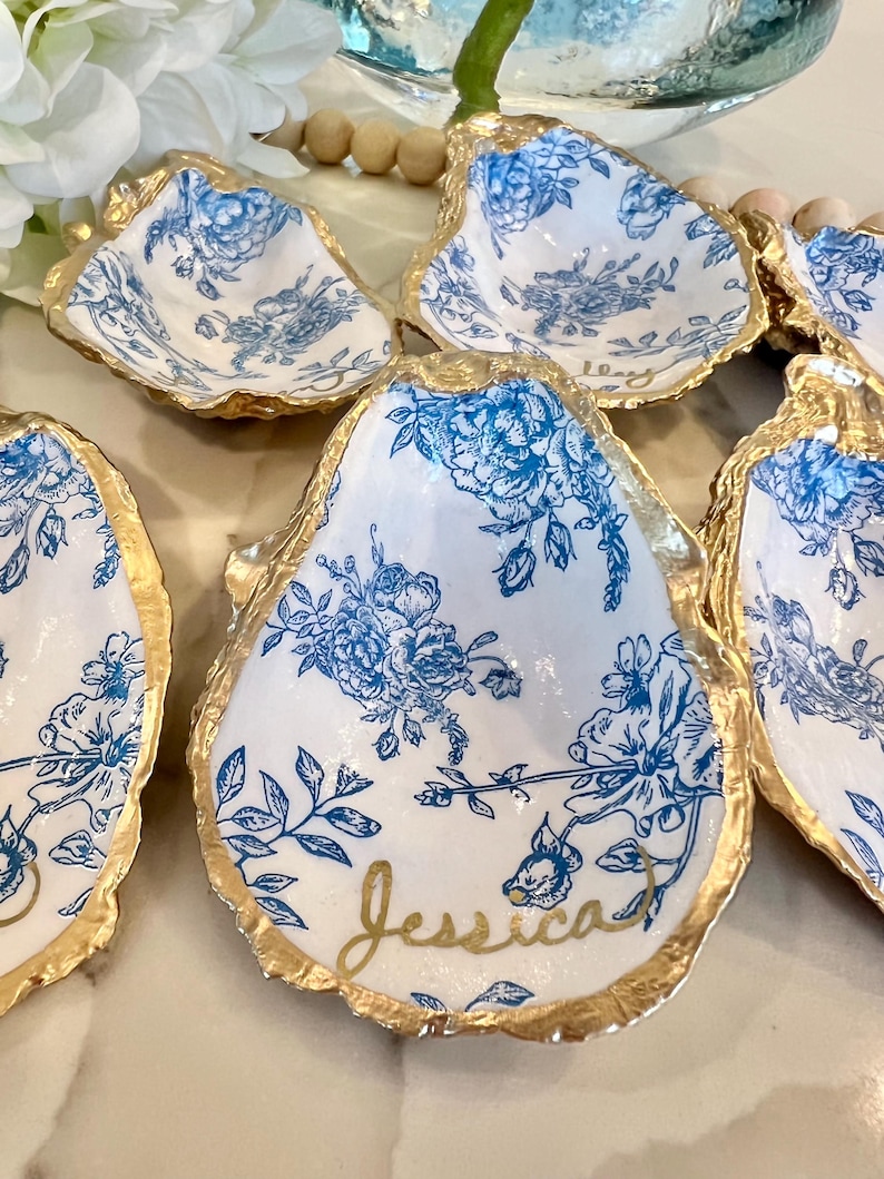 Blue Floral Oyster Ring Dish, French Toile, Gift for Bride, Bridesmaid, Party and Wedding Favor, Engagement Gift, Personalized image 13