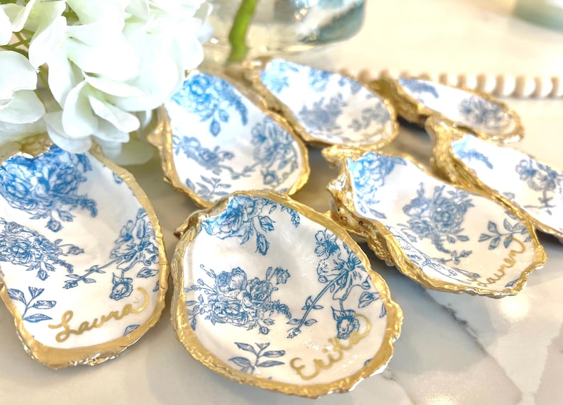 Blue Floral Oyster Ring Dish, French Toile, Gift for Bride, Bridesmaid, Party and Wedding Favor, Engagement Gift, Personalized image 12