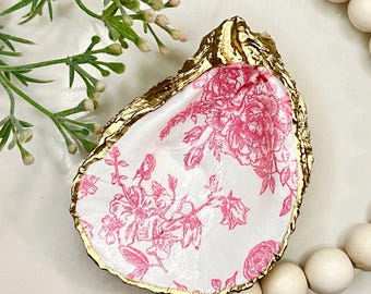 Pink Floral Oyster Ring Dish, French Toile, Gift for Bride, Bridesmaid, Engagement, Party and Wedding Favor, Personalized