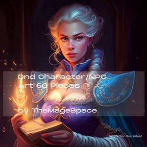 Op de afbeelding: Een vrouw met lang wit haar en een blauwe en paarse jurk houdt een boek en een brandende kaars vast. De tekst op de afbeelding luidt "Dnd Character/NPC Art 60 Pieces by TheMageSpace".