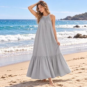 Abito lungo da donna con scollo all'americana, abito estivo svolazzante da spiaggia, prendisole per le vacanze con orlo a balze, abito da resort rilassato, abito lungo casual