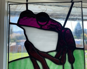 Purple Tree Frog Stained Glass Suncatcher | Wall Art Window Hanging | Handcrafted Home Decor | Garden Cottage Core Art | Housewarming Gift