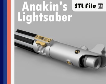 May include: A silver and black lightsaber with a gold detail on the handle. The lightsaber is a 3D printed model and is available as an STL file.