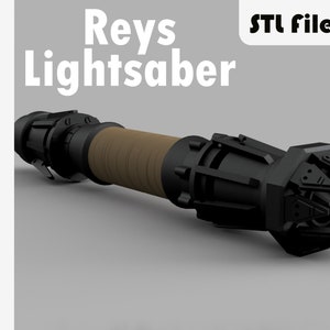 May include: A black and brown 3D printed lightsaber model with a textured grip and a detailed hilt. The model is labeled "Reys Lightsaber" and "STL file".