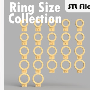 May include: A set of 16 yellow plastic ring sizers, ranging in size from 3 to 13.5. The sizers are arranged in rows, with the size printed on each one. The text "Ring Size Collection" and "STL file" is printed at the top of the image.