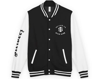 Urban Streetwear Letterman Jacket, Unisex Varsity Jacket, Trendy Outerwear, Graffiti Art Apparel, Stylish Casual Jacket
