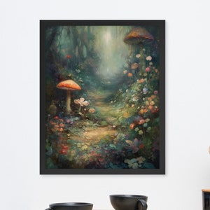 ENCHANTED FOREST MUSHROOMS & Flowers Magical Fantasy Framed Art Print Poster Cottagecore Colorful Fungi Woodlands Fantasy Lover
