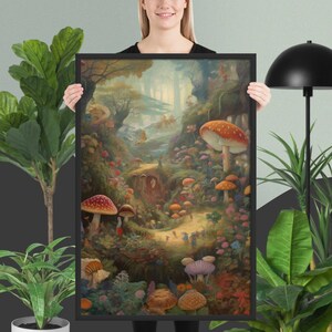 MUSHROOMS & FLOWERS ENCHANTED Forest Magical World Art Print Wooden Framed Poster Artwork Home Decor