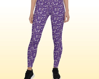 PURPLE with WHITE FLOWERS Embroidery Style Printed Fashion Leggings, Beautiful Floral Print Purple Leggings, Comfortable Purple Pants