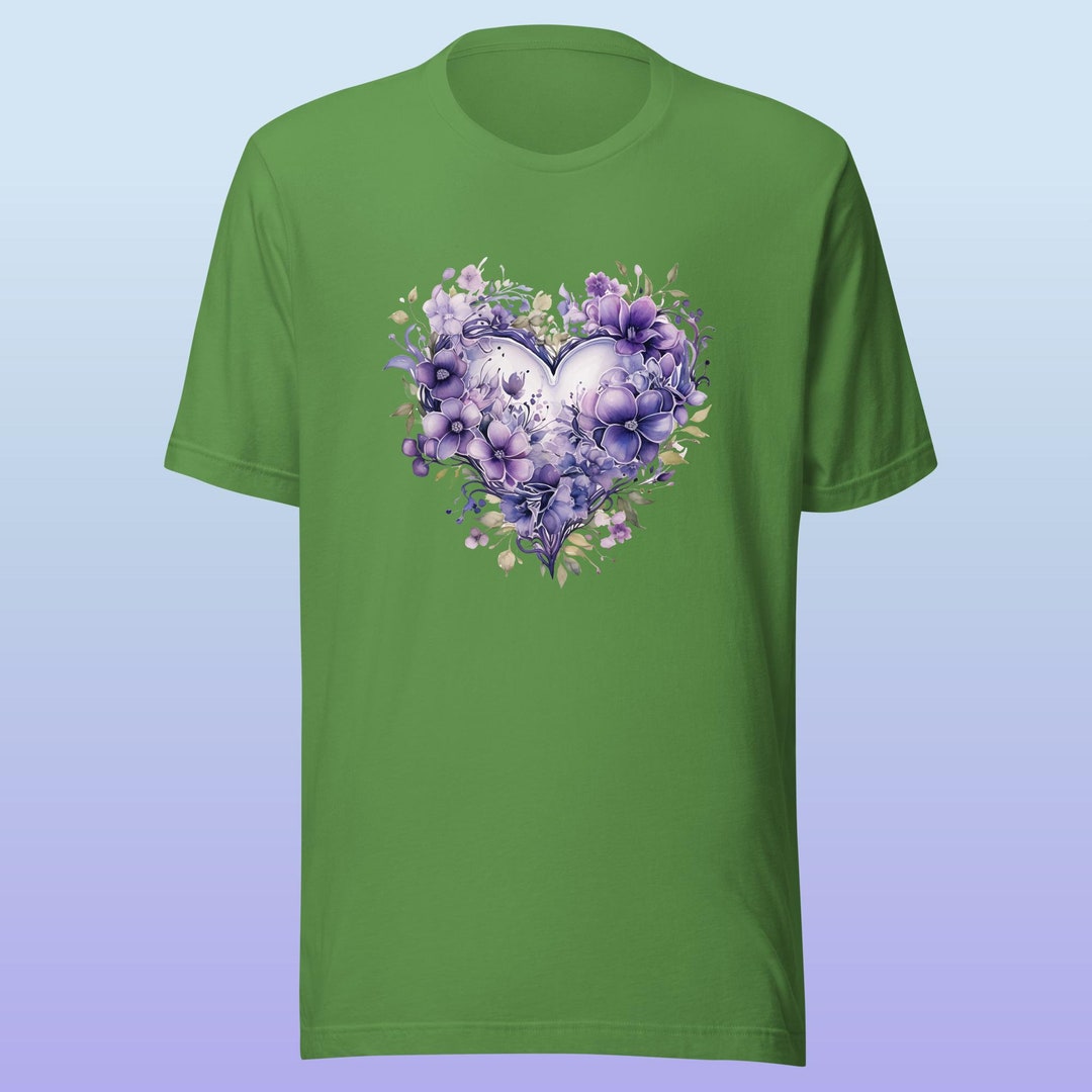 PURPLE FLORAL HEART Unisex T-shirt, Beautiful Heart Purple Floral ...