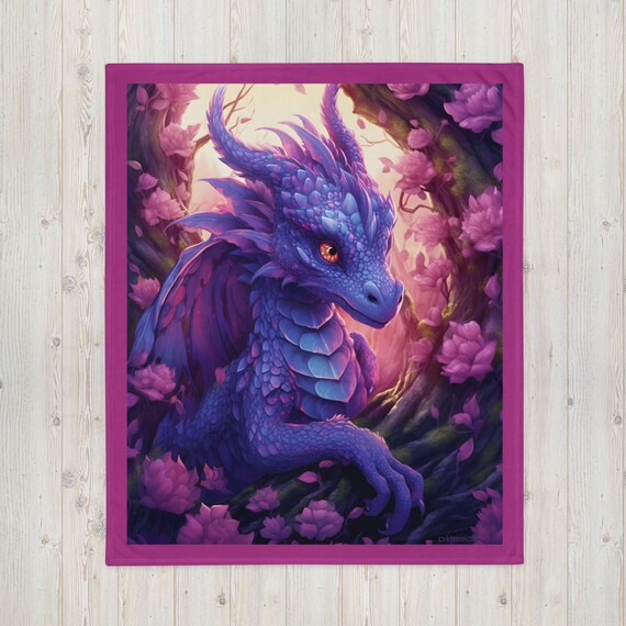 Purple Dragon With Violet Flowers Throw Blanket With Violet Border Printed Dragon Blanket Fantasy Art for Dragon Lovers Home Decor Etsy