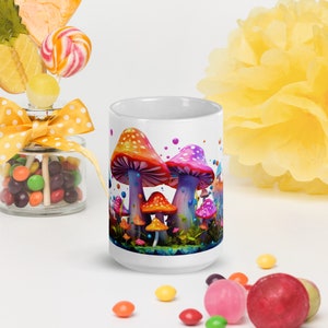 COLORFUL MUSHROOM MUG Large Wrap-Around Fantasy Mushroom Art Print Cute Fungi Mug Mushroom Collector Cottagecore Friend Gift Idea