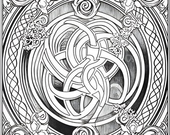 Dibujos para colorear imprimibles de nudos y flores celtas, descarga digital