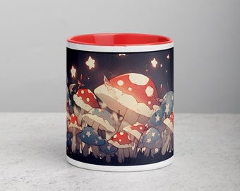 PATRIOTIC MUSHROOMS USA Colors Stars Fungi Mug with Red Inside & Handle Independence Day 4th of July Memorial Day Veterans' Day