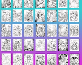 May include: A set of 25 black and white colouring pages featuring whimsical illustrations of fairies, gnomes, dragons, mushrooms, and houses. The illustrations are detailed and intricate, perfect for adults and children who enjoy colouring.