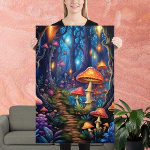 Setas del bosque encantado, póster infantil del mundo mágico, decoración para habitación de niños, póster para puerta, arte de fantasía para niños, arte de colores vibrantes