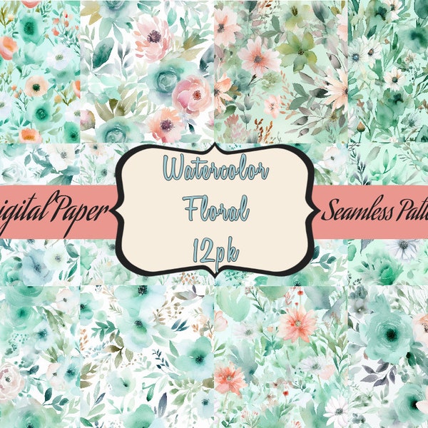 Seamless Floral Pattern, Watercolor, Mint-Green, Digital Paper, 12 Designs, High Resolution, Commercial Use