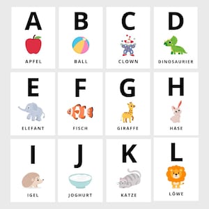 ABC Karten Set, 26 Lernkarten zum Ausdrucken, 7 Seiten zum ausschneiden, Alphabet Karten für Kinder, Digitales Produkt