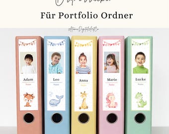Personalisierte Ordner-Rücken für Kita Portfolio mit Name Foto und Tier Kindergarten