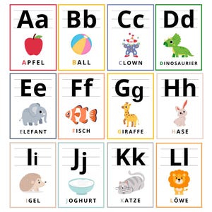Könnte beinhalten: Bildkarten mit dem Alphabet, Illustrationen und deutschen Wörtern. Jede Karte zeigt einen Buchstaben, ein Bild und das deutsche Wort. Die Bilder zeigen einen Apfel, einen Ball, einen Clown, einen Dinosaurier, einen Elefanten, einen Fisch, eine Giraffe und ein Kaninchen.