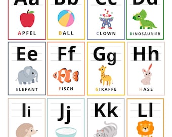 ABC cards to print – German, learn letters with pictures and writing lines preschool, alphabet cards digital download