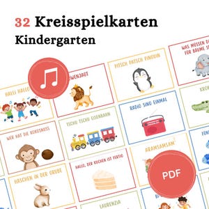 以下が含まれることがあります： 幼稚園向けの32枚のカラフルなフラッシュカードセット。動物、物、子供たちのイラストが特徴です。カードにはドイツ語のテキストと音符の赤い円が含まれています。