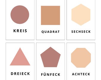 May include: A set of six flashcards with different geometric shapes. Each card features a shape in a different color, with the name of the shape written below in German. The shapes are a circle, square, hexagon, triangle, pentagon, and octagon.