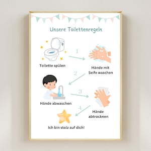 May include: A framed poster with the text "Unsere Toilettenregeln" and illustrations of bathroom hygiene steps. The steps include flushing the toilet, washing hands with soap, rinsing hands, and drying hands. The text "Ich bin stolz auf dich!" is also included.