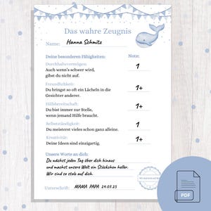 The true report card 2025 PDF A4, loving parental report card, appreciation, motivation, end of school year, motivation report card for children whale blue