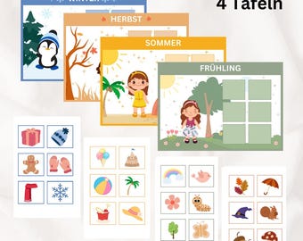 Juego de clasificación de tarjetas con imágenes de las estaciones, PDF para niños pequeños, juego de jardín de infantes, juego de aprendizaje de alemán, tarjetas de año