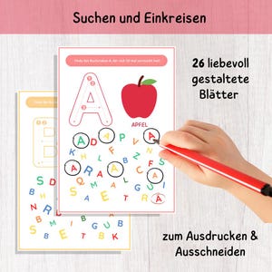 May include: Educational activity sheets for children. The sheets feature the letter "A" with an apple illustration and the text "APFEL". The text "26 liebevoll gestaltete Blätter zum Ausdrucken & Ausschneiden" is also visible.