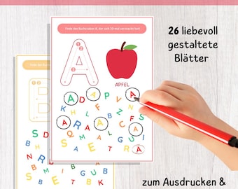 Alphabet preschool, letter search and circle, ABC game kindergarten, German learning children, preschool exercises letters worksheets