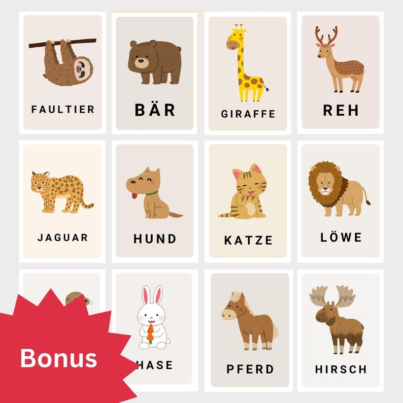 50 Animal Flashcards Preschool – Flashcards for Children in German | Montessori Materials | Fruit Flashcards German | PDF Digital image 1