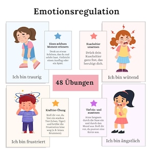 Puede incluir: Un póster educativo colorido titulado "Emotionsregulation" con ilustraciones y texto en alemán. El póster presenta imágenes de niños que expresan diferentes emociones, como tristeza, ira y ansiedad, junto con estrategias de afrontamiento.