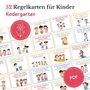以下が含まれることがあります： 子供向けの52枚のカラフルなルールカードのセット。ドイツ語で書かれたイラストとテキストが特徴です。幼稚園での使用を目的としており、PDFダウンロードオプションも含まれています。赤い花のグラフィックが見えます。