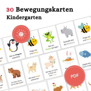 Könnte beinhalten: Ein Satz von 30 Bewegungskarten für den Kindergarten. Jede Karte zeigt eine farbenfrohe Illustration eines Tieres mit einer Aktion, wie z. B. ein springender Frosch oder eine fliegende Biene. Die Karten sind für das pädagogische Spiel konzipiert.