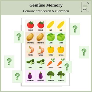 Gemüse Memory Spiel für Kinder – 10 Kartenpaare als PDF zum Ausdrucken – Lernspiel mit Bild & Wort – Vorschule Kita Sprachförderung