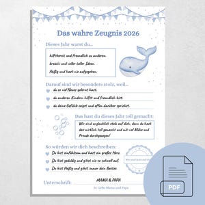 Pode incluir: Certificado imprimível azul claro e branco com o texto "Das wahre Zeugnis 2026" e uma ilustração de baleia em aquarela. O certificado inclui seções para preencher e as palavras "MAMA & PAPA".