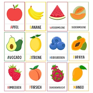 Peut inclure: Cartes illustrées de fruits avec leurs noms en allemand. On y voit une pomme rouge, des bananes, une pastèque, un melon, un avocat, un citron, des myrtilles, une papaye, des framboises, une pêche, un pitaya et une mangue.