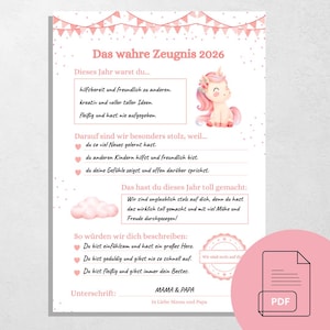 Libreta de calificaciones rosa "El verdadero unicornio", libreta de calificaciones infantil imprimible y personalizada, motivación y recompensa para la escuela y el jardín de infantes.