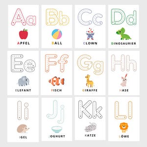 ABC文字カード、ドイツ語で最初の書き取りをコピーするための子供向け学習カード、デジタルダウンロード