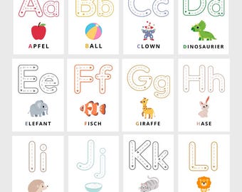 Flashcards First Writing ABC Alphabet German Letters Coloring Cards PDF Template Preschool Kindergarten Digital Download Tracing