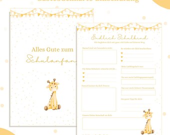 School enrollment guest book card, giraffe design, 1st day of school, schoolchild gift, PDF to print, guest cards for school enrollment celebration, unisex