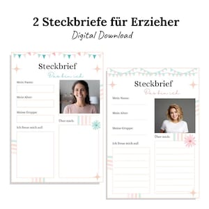Puede incluir: Dos plantillas imprimibles de "Steckbrief" para educadores, con espacio para información personal y una foto. El diseño incluye colores pastel, detalles florales y el texto "Digital Download".