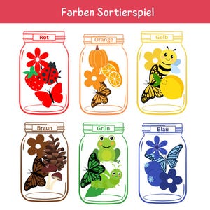 Könnte beinhalten: Ein farbenfrohes Lernspiel mit sechs Gläsern, die jeweils mit einer Farbe beschriftet sind: Rot, Orange, Gelb, Braun, Grün und Blau. Jedes Glas enthält Illustrationen von Objekten, die zur Farbe passen.