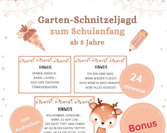 Outdoor scavenger hunt for the start of school for the garden for children from 5 years in rhyme form with 20 clues to print out PDF school enrollment