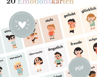 Emotion Cards for Children, 20 Cards of Feelings in German, Colorful Montessori Picture Cards, Learning Cards, PDF Template, Digital