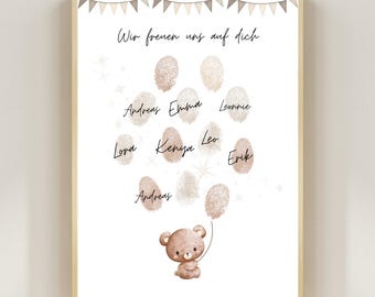 Baby Shower Guest Book Poster Fingerprint Bear, Guest Book for Fingerprints to Write on Baby Shower Decoration Baby Party Gender Reveal Digital