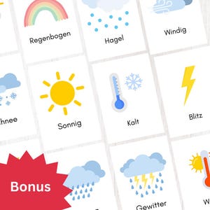 Puede incluir: Un conjunto de tarjetas blancas con ilustraciones meteorológicas y palabras en alemán. Las tarjetas muestran un arcoíris, sol, nubes, lluvia, relámpagos y un termómetro. La palabra "Bonus" es visible en una pegatina roja en forma de estrella.