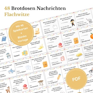 Op de afbeelding: Een verzameling van 48 grapkaarten voor lunchboxen in het Duits, met een blanco sjabloon. De kaarten bevatten kleurrijke illustraties en tekst. De titel "48 Brotdosen Nachrichten Flachwitze" staat bovenaan.